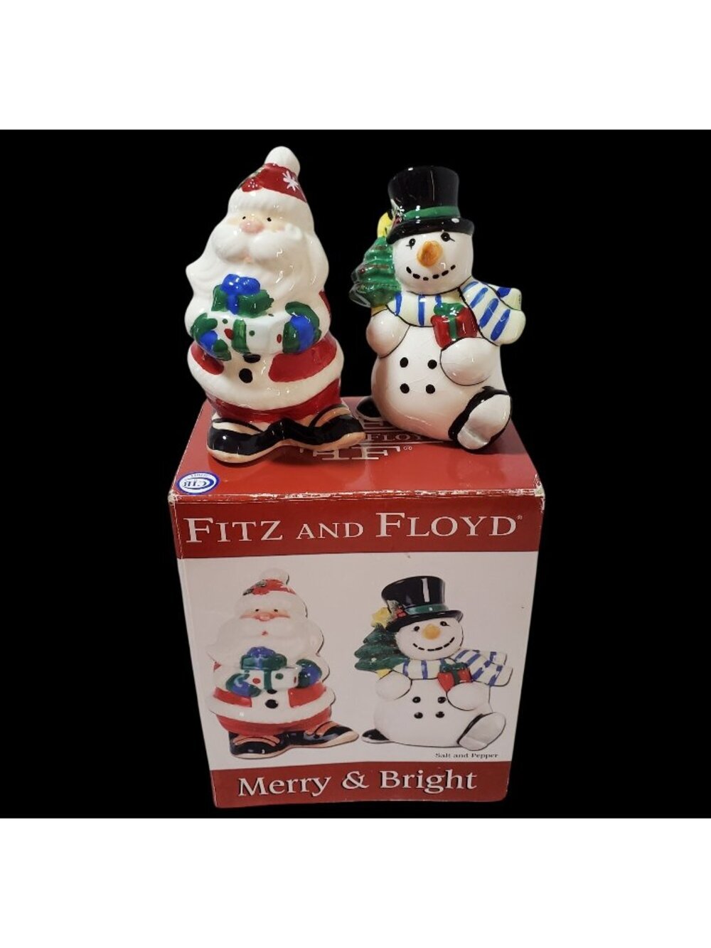 Fitz Floyd Snowman Santa Christmas Salt Pepper Shakers 2011 NIB 4" Tall Ceramic
